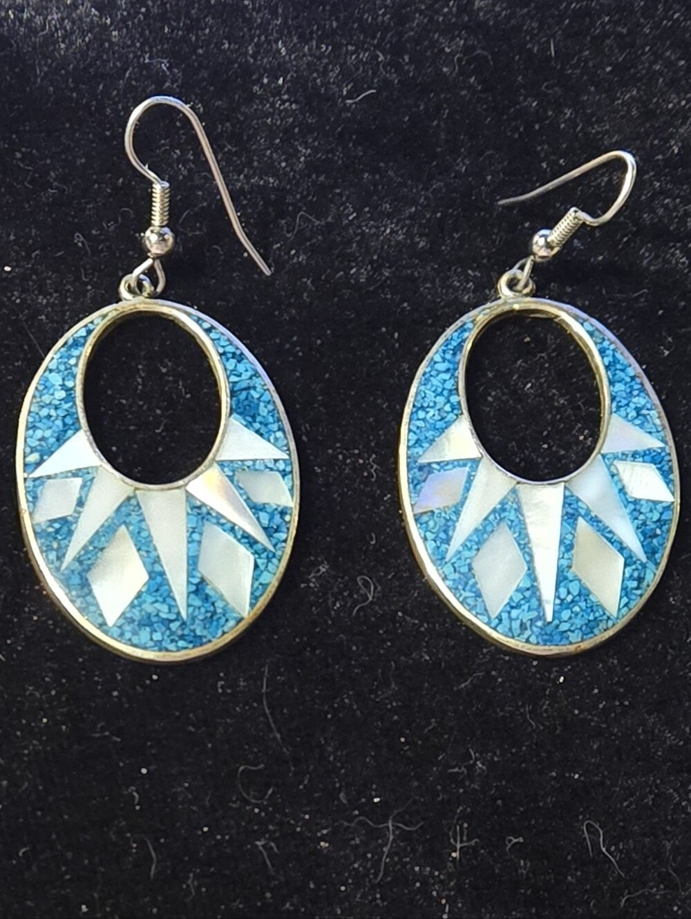 Mexico Turquoise Mosaic Oval Drop Silver Earrings with Mother-of-Pearl Accents